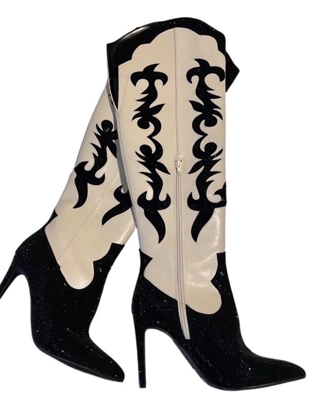 INC Iresa Western Sequin Black and Bone Bling Knee High Cowboy Boots Size 8.5